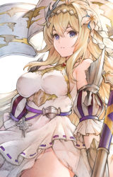 Rule 34 | 1girl, absurdres, bad id, bad pixiv id, banner, blonde hair, blue eyes, blush, breasts, closed mouth, diadem, dress, flower, granblue fantasy, hair flower, hair ornament, highres, jeanne d&#039;arc (granblue fantasy), koretsuki azuma, large breasts, lily (flower), long hair, looking at viewer, simple background, solo, white background, white dress, white flower