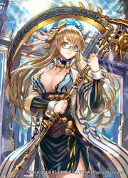 Rule 34 | 1girl, blonde hair, breasts, character request, cleavage, feathers, female focus, glasses, green eyes, guns n&#039; souls, hat, large breasts, long hair, looking at viewer, official art, pencil skirt, ran&#039;ou (tamago no kimi), scythe, side slit, skirt, smile, solo