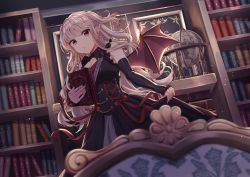 Rule 34 | 1girl, absurdres, bare shoulders, black dress, blonde hair, book, bookshelf, braid, breasts, chosu, cleavage, commentary, demon wings, dress, highres, holding, holding book, large breasts, long hair, looking at viewer, mole, mole under eye, original, pointy ears, red eyes, red ribbon, ribbon, solo, two side up, wings