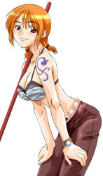Rule 34 | 1girl, artist request, bent over, bikini, bikini top only, breasts, capri pants, cleavage, large breasts, log pose, nami (one piece), one piece, orange hair, pants, red eyes, short hair, shoulder tattoo, simple background, skypiea, solo, staff, swimsuit, tattoo, twintails, weapon, white background