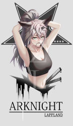 Rule 34 | 1girl, absurdres, alternate hairstyle, animal ears, arknights, armpits, arms up, bare arms, bare shoulders, blush, breasts, character name, cleavage, collarbone, commentary, copyright name, crop top, cropped torso, fang, grey background, grey eyes, hair between eyes, hair ornament, hair tie in mouth, hairclip, highres, katana, lappland (arknights), long hair, looking at viewer, medium breasts, midriff, mouth hold, navel, parted lips, ponytail, scar, scar across eye, scar on face, silver hair, simple background, solo, sports bra, stomach, sword, taotie zl, tying hair, upper body, watermark, weapon, wolf ears