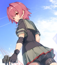 Rule 34 | 10s, 1girl, artist name, ass, bike shorts, black gloves, black shirt, blush, breasts, commentary request, day, elbow pads, fingerless gloves, from behind, from below, gloves, grey skirt, hair between eyes, hair intakes, holding, holding weapon, kantai collection, kinu (kancolle), kinu kai ni (kancolle), looking at viewer, looking back, medium breasts, meth (emethmeth), open mouth, pink hair, red eyes, shiny skin, shirt, short hair, short sleeves, shorts, shorts under skirt, skirt, sky, solo, upskirt, weapon, wind, wind lift