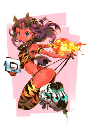 Rule 34 | 1girl, andrewcockroach, animal print, basketball, basketball hoop, blue eyes, blush stickers, colored skin, contemporary, demon wings, fangs, full body, highres, horns, jumping, looking at viewer, mitsudomoe (shape), nike (company), oni, oni horns, original, panties, panty pull, plug (piercing), purple hair, red oni, red skin, shoes, short eyebrows, signature, sneakers, solo, tank top, thighhighs, thong, tiger print, tomoe (symbol), torn clothes, underwear, v-shaped eyebrows, wedgie, wings