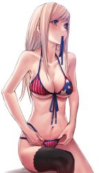 Rule 34 | 1girl, alternate hairstyle, american flag bikini, applekun, bare shoulders, bikini, black thighhighs, blue eyes, breasts, cleavage, collarbone, fate/grand order, fate (series), flag print, front-tie bikini top, front-tie top, hair down, highres, long hair, looking afar, looking away, medium breasts, miyamoto musashi (fate), miyamoto musashi (fate/grand order), miyamoto musashi (swimsuit berserker) (fate), miyamoto musashi (swimsuit berserker) (second ascension) (fate), mouth hold, multi-strapped bikini, navel, silver hair, simple background, single thighhigh, sitting, solo, stomach, swimsuit, thighhighs, underboob, white background