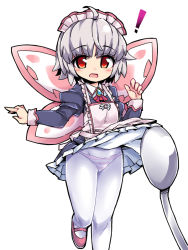 Rule 34 | !, 1girl, apron, butterfly wings, clothes lift, fairy, grey hair, insect wings, juliet sleeves, leg up, long hair, long sleeves, maid headdress, mini person, minigirl, nemui (nemui), open mouth, panties, panties under pantyhose, pantyhose, placer (sennen sensou aigis), puffy sleeves, red eyes, sennen sensou aigis, short hair, simple background, skirt, skirt lift, solo, spoon, striped clothes, striped panties, underwear, white background, white pantyhose, wings