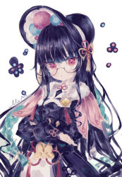 Rule 34 | 1girl, bespectacled, black dress, black hair, black headwear, bonnet, capelet, closed mouth, commentary request, crossed arms, dot mouth, dress, genshin impact, glasses, highres, itogawa mio, lolita fashion, long hair, long sleeves, looking at viewer, pink capelet, qi lolita, red eyes, round eyewear, signature, simple background, solo, tassel hat ornament, upper body, white background, yun jin (genshin impact)