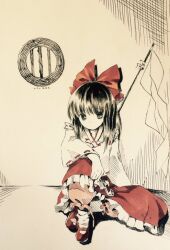 Rule 34 | 1girl, bloomers, commentary request, frilled skirt, frills, gohei, hair ribbon, hakurei reimu, japanese clothes, kaigen 1025, kimono, long sleeves, looking at viewer, marker (medium), mary janes, medium hair, no mouth, partially colored, red bloomers, red ribbon, red skirt, red socks, ribbon, ribbon-trimmed kimono, ribbon-trimmed sleeves, ribbon trim, shoes, sitting, skirt, socks, solo, touhou, traditional media, underwear