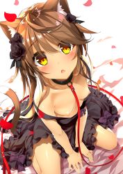 Rule 34 | 1girl, animal ears, black collar, black dress, black flower, black rose, blush, breasts, brown hair, cat ears, cat tail, collar, commentary request, dark-skinned female, dark skin, dress, flower, from above, hair flower, hair ornament, highres, leash, long hair, looking at viewer, nipples, no bra, off shoulder, original, parted lips, petals, rose, rose petals, simple background, sitting, small breasts, solo, tail, v arms, white background, yanagi yuu, yellow eyes