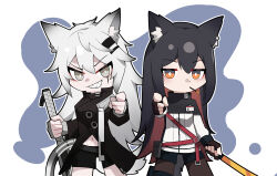 Rule 34 | 2girls, absurdres, animal ear fluff, animal ears, arknights, black capelet, black gloves, black hair, black jacket, black shorts, blue background, brown hair, brown pantyhose, capelet, chibi, commentary request, fingerless gloves, food, food in mouth, gloves, grey eyes, grey gloves, grey hair, grin, hair between eyes, hair ornament, hairclip, highres, holding, holding sword, holding weapon, jacket, lappland (arknights), long hair, looking at viewer, mouth hold, multicolored hair, multiple girls, navel, orange eyes, outline, pantyhose, pantyhose under shorts, pocky, pointing, pointing at viewer, scar, scar across eye, sharp teeth, short shorts, shorts, smile, standing, sword, tail, teeth, texas (arknights), two-tone background, two-tone hair, v-shaped eyebrows, very long hair, weapon, white background, white jacket, white outline, yzbr