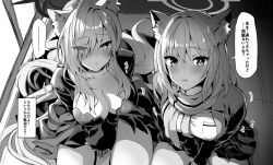 Rule 34 | 2girls, blue archive, blush, breasts, cleavage, dress, dual persona, from above, greyscale, kojima saya, large breasts, long hair, looking at viewer, medium hair, monochrome, multiple girls, scarf, shiroko (blue archive), shiroko terror (blue archive), translation request