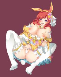 Rule 34 | 1girl, absurdres, animal ears, blush, bottomless, breasts, breasts out, egg, egg laying, highres, kyousa38, large breasts, love live!, love live! school idol festival, love live! school idol project, lying, nipples, nishikino maki, on back, open mouth, purple eyes, rabbit ears, red hair, saliva, solo, spread legs, sweat, uncensored