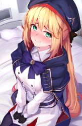 Rule 34 | 1girl, absurdres, artoria caster (fate), artoria caster (second ascension) (fate), artoria pendragon (fate), belt, beret, black gloves, black pantyhose, blonde hair, blue cape, blue hat, blush, breasts, buttons, cape, double-breasted, dress, fate/grand order, fate (series), gloves, green eyes, hat, highres, hood, hooded cape, long hair, long sleeves, looking at viewer, multicolored cape, multicolored clothes, ninoude (ninoude44), pantyhose, red cape, small breasts, thighs, twintails, white dress