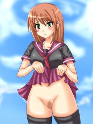 Rule 34 | 1girl, 85g, blush, censored, character request, clothes lift, female focus, female pubic hair, navel, outdoors, pubic hair, pussy, school uniform, skirt, skirt lift, sky, solo