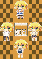 Rule 34 | 1girl, 221 (tsutsuichi), alternate costume, arm warmers, black footwear, black pants, black shorts, black skirt, blonde hair, blush, brown background, brown jacket, checkered background, chibi, closed mouth, collared shirt, commentary request, full body, green eyes, hair between eyes, jacket, looking at viewer, mizuhashi parsee, multicolored clothes, multicolored jacket, name tag, pants, pointy ears, sarashi, school swimsuit, shirt, short hair, short sleeves, shorts, skirt, socks, swimsuit, touhou, white legwear, white shirt