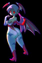 Rule 34 | 1girl, ass, back, bat wings, demon girl, dreaminerryday, from behind, high heels, highres, huge ass, leotard, lilith aensland, lipstick, looking at viewer, makeup, pantyhose, purple hair, red eyes, red leotard, short hair, simple background, skin tight, solo, vampire (game), wings
