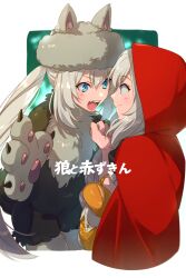 Rule 34 | 2girls, animal costume, animal ears, animal hands, blue eyes, blush, braid, braided ponytail, breasts, cloak, dual persona, echo (circa), fate/grand order, fate (series), fur hat, gloves, grey hat, hat, hood, hooded cloak, long hair, marie antoinette (fate), marie antoinette (festival outfit) (fate), medium breasts, multiple girls, open mouth, paw gloves, red cloak, sidelocks, single braid, translation request, white hair, wolf costume, wolf ears