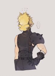 Rule 34 | ..., 1boy, ah yoshimizu, animal, animal on face, animal on head, armor, asymmetrical arms, bandaged arm, bandages, belt, bird, black belt, black gloves, black pants, black sweater, blonde hair, chick, chocobo, cloud strife, commentary request, cropped torso, final fantasy, final fantasy vii, flying sweatdrops, gloves, grey background, hand on own hip, highres, male focus, multiple belts, on head, pants, pauldrons, short hair, shoulder armor, simple background, single pauldron, sleeveless, sleeveless turtleneck, speech bubble, spiked hair, standing, suspenders, sweater, turtleneck, upper body
