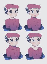 Rule 34 | 1boy, :d, :o, black hair, blush, closed mouth, commentary request, creatures (company), game freak, grey eyes, hat, highres, lucas (pokemon), male focus, multiple views, nintendo, open mouth, oshi taberu, pokemon, pokemon dppt, pokemon platinum, red headwear, smile, tongue, turtleneck, upper body, v-neck