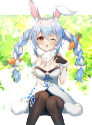 Rule 34 | 1girl, absurdres, animal ear fluff, animal ears, arm behind back, arm support, black bra, black gloves, black pantyhose, blue hair, blue ribbon, blurry, blurry background, blush, bokeh, bow, bra, braid, breasts, carrot hair ornament, commentary request, depth of field, detached sleeves, don-chan (usada pekora), dress, extra ears, feet out of frame, food-themed hair ornament, fur trim, gloves, green background, hair between eyes, hair bow, hair ornament, hair ribbon, hand up, highres, hololive, knees together feet apart, letterboxed, long hair, looking at viewer, multicolored hair, one eye closed, open mouth, orange eyes, outdoors, outside border, pantyhose, pom pom (clothes), puffy short sleeves, puffy sleeves, rabbit-shaped pupils, rabbit ears, rabbit girl, ribbon, short eyebrows, short sleeves, sidelocks, sitting, small breasts, solo, symbol-shaped pupils, takuro (taku3949), teeth, thick eyebrows, tress ribbon, twin braids, twintails, two-tone hair, underwear, upper teeth only, usada pekora, usada pekora (1st costume), virtual youtuber, white bow, white dress, white hair