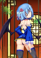 Rule 34 | 1girl, ass, bat wings, black panties, black thighhighs, blue hair, blue neckwear, blush, breasts, china dress, chinese clothes, choker, closed mouth, dress, flower, hair flower, hair ornament, highres, indoors, kagayama hajime, looking at viewer, looking back, panties, red eyes, remilia scarlet, shiny skin, short hair, shoulder blades, small breasts, smile, solo, thighhighs, touhou, underwear, wings