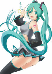 Rule 34 | 1girl, :d, aqua eyes, aqua hair, ass, bad id, bad pixiv id, black thighhighs, blush, breasts, detached sleeves, female focus, hatsune miku, highres, long hair, looking at viewer, m/, medium breasts, miu (angelo whitechoc), no panties, open mouth, pleated skirt, simple background, skirt, smile, solo, star (symbol), tattoo, thighhighs, twintails, very long hair, vocaloid