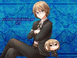 Rule 34 | 1boy, belt, belt buckle, black jacket, black pants, blazer, blue eyes, brown belt, brown hair, buckle, character doll, closed mouth, collared shirt, crossed arms, crossed legs, danganronpa: trigger happy havoc, danganronpa (series), dress shirt, glasses, green ribbon, happy birthday, invisible chair, jacket, long sleeves, looking at viewer, male focus, neck ribbon, open clothes, open jacket, pants, ribbon, shirt, sitting, solo, togami byakuya, white-framed eyewear, white shirt, wing collar, yumaru (marumarumaru)