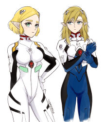 Rule 34 | 1boy, 1girl, adjusting clothes, blonde hair, bodysuit, bracer, hairpods, highres, interface headset, link, looking at another, looking to the side, multicolored bodysuit, multicolored clothes, neon genesis evangelion, nintendo, parody, pilot suit, plugsuit, pointy ears, princess zelda, simple background, teraichigo, the legend of zelda, the legend of zelda: tears of the kingdom, white background, white bodysuit