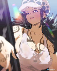 Rule 34 | 1girl, absurdres, arm tattoo, black hair, blurry, blurry foreground, breasts, camisole, cape, chest tattoo, chiro yee, cleavage, collarbone, covered erect nipples, day, earrings, finger tattoo, fur cape, genderswap, genderswap (mtf), grey eyes, hand tattoo, hat, highres, jewelry, large breasts, lips, looking at viewer, one piece, outdoors, panther print, parted lips, print headwear, see-through, short hair, short hair with long locks, sidelocks, smirk, solo, spoilers, tattoo, trafalgar law, twitter logo, twitter username, unaligned breasts, upper body