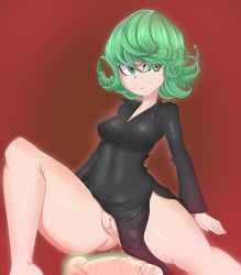 Rule 34 | 1boy, 1girl, black dress, breasts, cheeso art, cleft of venus, closed mouth, covered navel, curly hair, dress, green eyes, green hair, highres, long sleeves, looking to the side, matching hair/eyes, medium breasts, no panties, one-punch man, penis, pussy, pussy juice, red background, saitama (one-punch man), short hair, simple background, smile, solo focus, tatsumaki, thick thighs, thighs, uncensored