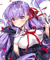 Rule 34 | &gt;:), 10s, 1girl, bb (fate), bb (fate), bb (fate/extra), bow, bowtie, breasts, cape, commentary request, fate/extra, fate/extra ccc, fate (series), gloves, hair bow, hair ribbon, holding, large breasts, long hair, looking at viewer, pingo, purple eyes, purple hair, ribbon, simple background, smile, solo, v-shaped eyebrows, wand, white gloves
