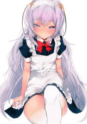 Rule 34 | 1girl, alternate costume, apron, blue eyes, blush, breasts, closed mouth, dress, girls&#039; frontline, hair between eyes, half-closed eyes, intravenous drip, long hair, looking at viewer, maid, maid headdress, peanutc, puffy short sleeves, puffy sleeves, ribeyrolles (girls&#039; frontline), short sleeves, sidelocks, silver hair, sitting, small breasts, solo, thighhighs, very long hair, wavy hair, white background, white thighhighs