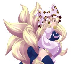 Rule 34 | 1girl, animal ears, blonde hair, breasts, female focus, fox tail, hat, kuromiya, mouth hold, multiple tails, short hair, simple background, solo, standing, tail, thighhighs, touhou, white background, yakumo ran