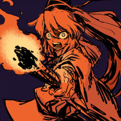Rule 34 | 1girl, commentary request, fire, hat, holding, holding torch, japanese clothes, kariginu, limited palette, long hair, long sleeves, looking at viewer, meimaru inuchiyo, mononobe no futo, open mouth, outstretched arm, ponytail, purple background, tate eboshi, torch, torn, touhou, wide-eyed, wide sleeves