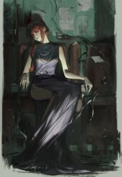 Rule 34 | 1girl, absurdres, bare shoulders, black dress, border, braid, braided ponytail, chainsaw man, chair, dress, earrings, highres, ichigo amo, jewelry, makima (chainsaw man), necklace, paper, pearl necklace, red hair, ring, ringed eyes, sitting, sleeveless, sleeveless dress, solo, yellow eyes
