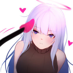 Rule 34 | 1girl, bare shoulders, blue eyes, blurry, blurry foreground, blush, breasts, brown sweater, closed mouth, demon tail, depth of field, hair between eyes, halo, heart, heart-shaped pupils, highres, long hair, medium breasts, original, ribbed sweater, shimmer, simple background, sleeveless, sleeveless sweater, sleeveless turtleneck, solo focus, sweat, sweater, symbol-shaped pupils, tail, turtleneck, turtleneck sweater, upper body, white background, white hair