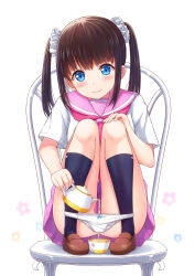 Rule 34 | 1girl, ass, black hair, black socks, blue eyes, blush, bow, bow panties, brown footwear, chair, collar, commentary request, convenient censoring, cup, hand on own knee, highres, kneehighs, knees to chest, knees up, legs, long hair, original, panties, panty pull, pink collar, pink skirt, pouring, sailor collar, school uniform, scrunchie, serafuku, shirt, shoes, simple background, skirt, smile, socks, solo, squatting, tea, teacup, teapot, thighs, twintails, underwear, water, white background, white panties, white shirt, zzt (zztsama)