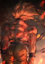 Rule 34 | 1boy, artist name, back, back focus, blonde hair, check copyright, clenched hands, commentary request, copyright request, cowboy shot, dragon ball, dragonball z, embers, facing away, from behind, injury, male focus, mattari illust, muscular, muscular male, orange pants, pants, sash, solo, son goku, spiked hair, standing, super saiyan, topless male, torn clothes, torn pants, twitter username, wind, wristband