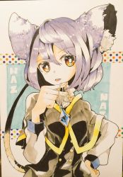 Rule 34 | 1girl, animal ears, aoi kujira, bright pupils, brown eyes, gem, grey hair, jewelry, long sleeves, looking at viewer, marker (medium), mouse ears, mouse tail, nazrin, necklace, open mouth, parted lips, pendant, shirt, short hair, skirt, skirt set, solo, tail, touhou, traditional media, vest, white pupils