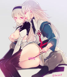 Rule 34 | 1boy, 1girl, anus, arm support, ass, black thighhighs, blonde hair, blush, grabbing another&#039;s breast, breasts, breasts out, censored, corrin (female) (fire emblem), corrin (fire emblem), curly hair, fire emblem, fire emblem fates, grabbing, hairband, hetero, japanese clothes, long hair, miyuki ruria, nintendo, nipples, panties, panty lift, partially visible vulva, red eyes, sitting, takumi (fire emblem), thighhighs, tongue, tongue out, twitter username, underwear, wedgie
