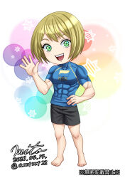 Rule 34 | barefoot, black shorts, blonde hair, blue shirt, chibi, commentary request, covered abs, dated, full body, green eyes, hand on own hip, imai cosmo, kengan (series), kengan ashura, large pectorals, mito amatsu, muscular, muscular male, open mouth, pectorals, shirt, shorts, signature, smile, tight clothes, tight shirt, translation request, twitter username, waving
