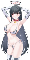 Rule 34 | 1girl, absurdres, ailae, animal collar, animal print, armpits, bell, bikini, black hair, blue archive, blush, breasts, cleavage, collar, collarbone, cow print, cow print bikini, cowboy shot, elbow gloves, gloves, groin, hair ornament, hairpin, halo, highres, large breasts, long hair, looking at viewer, navel, neck bell, open mouth, print bikini, red eyes, rio (blue archive), simple background, solo, swimsuit, thighhighs, white background, white bikini, white gloves, white thighhighs