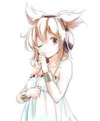 Rule 34 | 1girl, alternate costume, bare arms, bare shoulders, brown eyes, collarbone, dress, earmuffs, light brown hair, looking at viewer, makuwauri, one eye closed, pointy hair, sleeveless, sleeveless dress, smile, solo, touhou, toyosatomimi no miko, upper body, white dress