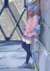 Rule 34 | 1girl, adjusting clothes, android, backpack, bag, blue footwear, blue thighhighs, building, city, clothed robot, dutch angle, floor, from side, full body, fur trim, grey skirt, humanoid robot, jacket, leg up, long sleeves, looking at viewer, mecha musume, miniskirt, original, own hands together, pink jacket, pleated skirt, robot, see-through, shoes, skindentation, skirt, skyscraper, solo, standing, teraoka kenji, thighhighs, waiting, wall