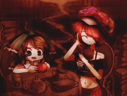 Rule 34 | 2girls, apple, bare shoulders, black bow, black eyes, black shirt, book, bow, brown hair, brown theme, chair, circled 9, closed eyes, clothes writing, collar, commentary, cookie (touhou), crop top, cup, dated, eyes visible through hair, food, fruit, hair bow, hair over one eye, hakurei reimu, hat, hecatia lapislazuli, holding, holding book, ktgijgkgdusimn (cookie), large bow, mochiya (cookie), multiple girls, navel, off-shoulder shirt, off shoulder, okizari, open mouth, plaid, plaid skirt, red hair, red shirt, shirt, short hair, sitting, skirt, sleeveless, sleeveless shirt, swept bangs, t-shirt, table, teacup, teapot, touhou, white collar