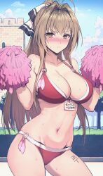 Rule 34 | 1girl, amagi brilliant park, antenna hair, bikini, blue sky, blush, body writing, bow, breasts, brown eyes, brown hair, cleavage, closed mouth, cloud, condom, condom belt, cowboy shot, day, female focus, glaring, hair bow, hair intakes, haoni, high ponytail, highres, holding, holding pom poms, humiliation, large breasts, long hair, looking at viewer, navel, o-ring, o-ring bikini, outdoors, pom pom (cheerleading), pom poms, ponytail, sento isuzu, sky, solo, standing, sweat, swimsuit, tally, translated, used condom, v-shaped eyebrows