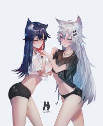 Rule 34 | 2girls, absurdres, ahoge, animal ear fluff, animal ears, arknights, artist name, bad id, bad pixiv id, bare legs, black bra, black hair, black panties, black shirt, blue eyes, blush, bra, breast hold, breasts, chinese commentary, cleavage, closed mouth, clothes lift, clothes pull, covered erect nipples, cowboy shot, eyelashes, female focus, grey background, hair between eyes, hair flaps, hair ornament, hairclip, half-closed eyes, highres, jewelry, lappland (arknights), long hair, looking at another, looking away, medium breasts, midriff, multicolored hair, multiple girls, navel, necklace, omone hokoma agm, orange eyes, panties, parted lips, red hair, see-through, shirt, shirt lift, shirt pull, silver hair, simple background, streaked hair, texas (arknights), thighs, two-tone hair, underwear, white shirt, wolf ears, yuri