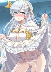 Rule 34 | 1girl, anastasia (fate), blue eyes, blush, breasts, cleavage, closed mouth, clothes lift, commission, dress, dress lift, fate/grand order, fate (series), fur trim, garter belt, garter straps, hair over one eye, hairband, highres, jewelry, large breasts, lifting own clothes, long hair, looking at viewer, navel, necklace, panties, panties over garter belt, pendant, pixiv commission, shimouki izui, silver hair, thighhighs, thighs, underwear, white dress, white panties