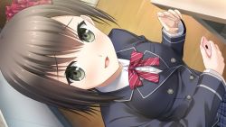 Rule 34 | 1girl, black eyes, black hair, blush, bow, bowtie, breasts, cellphone, fuyuki shinobu, game cg, haru kiss, looking at viewer, open mouth, phone, school uniform, side ponytail, skirt, small breasts, solo, standing, wooden floor