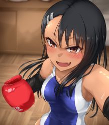 Rule 34 | 1girl, asymmetrical bangs, black hair, blush, boxing gloves, breasts, brown eyes, competition swimsuit, dark-skinned female, dark skin, elbow gloves, fang, gloves, hair ornament, hairclip, highres, ijiranaide nagatoro-san, long hair, looking at viewer, mixed-sex combat, nagatoro hayase, nm (tshell2761), one-piece swimsuit, open mouth, skin fang, small breasts, solo, sweat, swimsuit