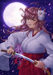 Rule 34 | 1girl, ahoge, breasts, brown eyes, brown hair, commentary request, cookie (touhou), cowboy shot, drawing sword, fox mask, full moon, hakama, hakama skirt, heart, heart ahoge, highres, holding, holding sword, holding weapon, indie virtual youtuber, japanese clothes, kanna (cookie), katana, kimono, long hair, mask, mask on head, medium breasts, miko, moon, parasite oyatsu, parted lips, petals, red skirt, scabbard, sheath, skirt, smile, solo, sword, virtual youtuber, weapon, white kimono, wide sleeves